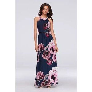 S.L. Fashions Navy and Pink Floral Maxi Dress